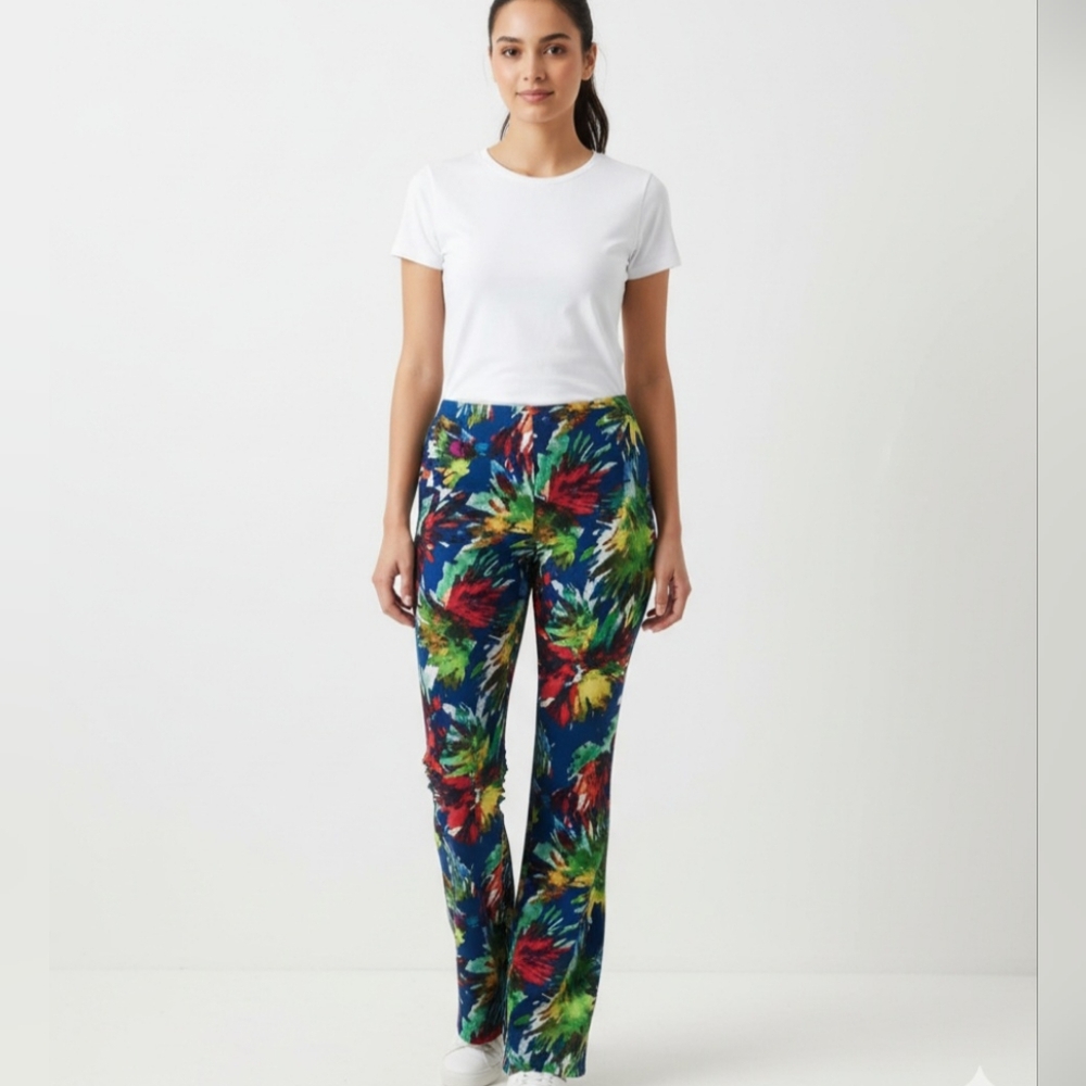 Attitudes by Renee Tropical Print Multicolor Flare Leg Pants NWOT Medium